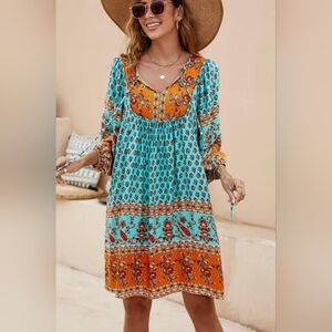 Bluetime Long Sleeve Floral Dress in Orange and Blue